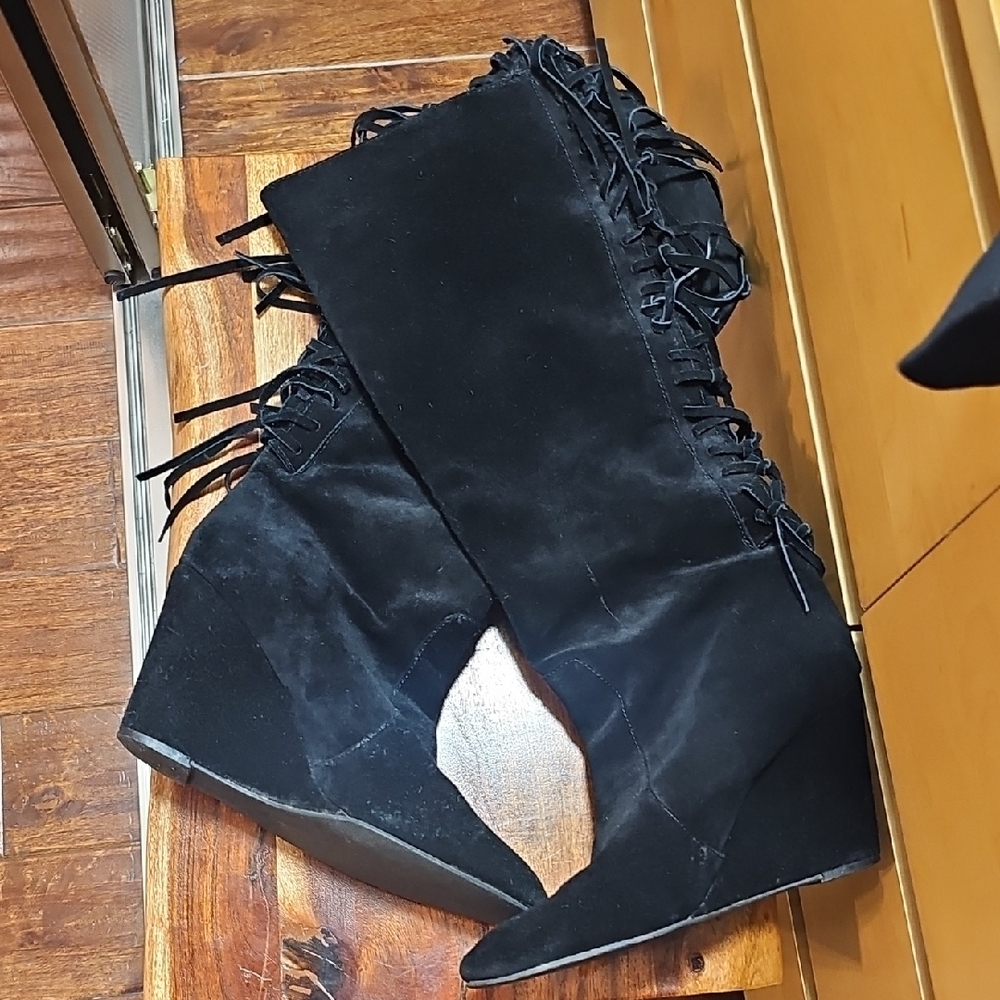 Carlos Falchi Zoe Black Fringe Knee-High Wedge Boots
